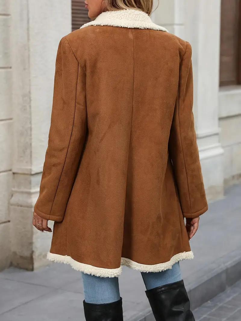 Women's Elegant Double-Breasted Long Coat - Brown & White Contrast