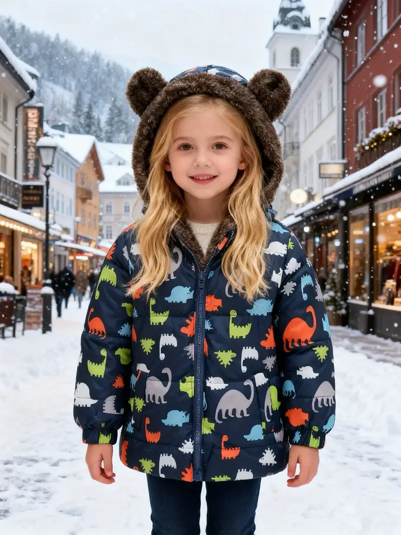 Girls' Reversible Hooded Winter Jacket - Two-in-One Coat with Animal Print