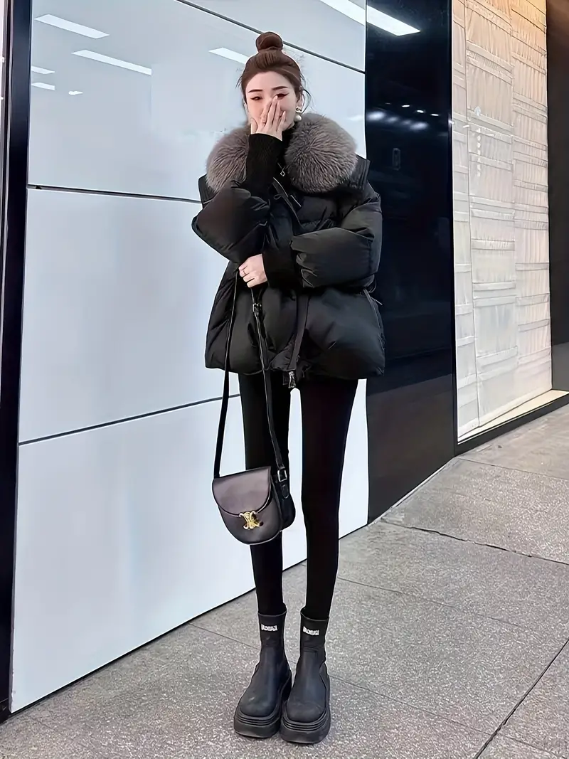 Removable Faux Fur Lined Thickened Winter Coat - Casual Loose Fit A-Line Cut