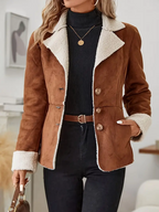 Faux Fur Button Front Thermal Jacket - Casual Lapel Collar Outerwear