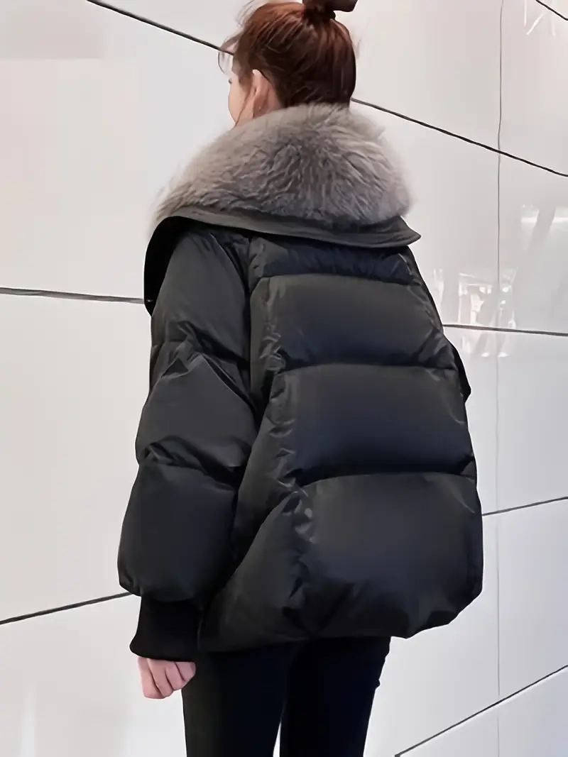 Removable Faux Fur Lined Thickened Winter Coat - Casual Loose Fit A-Line Cut