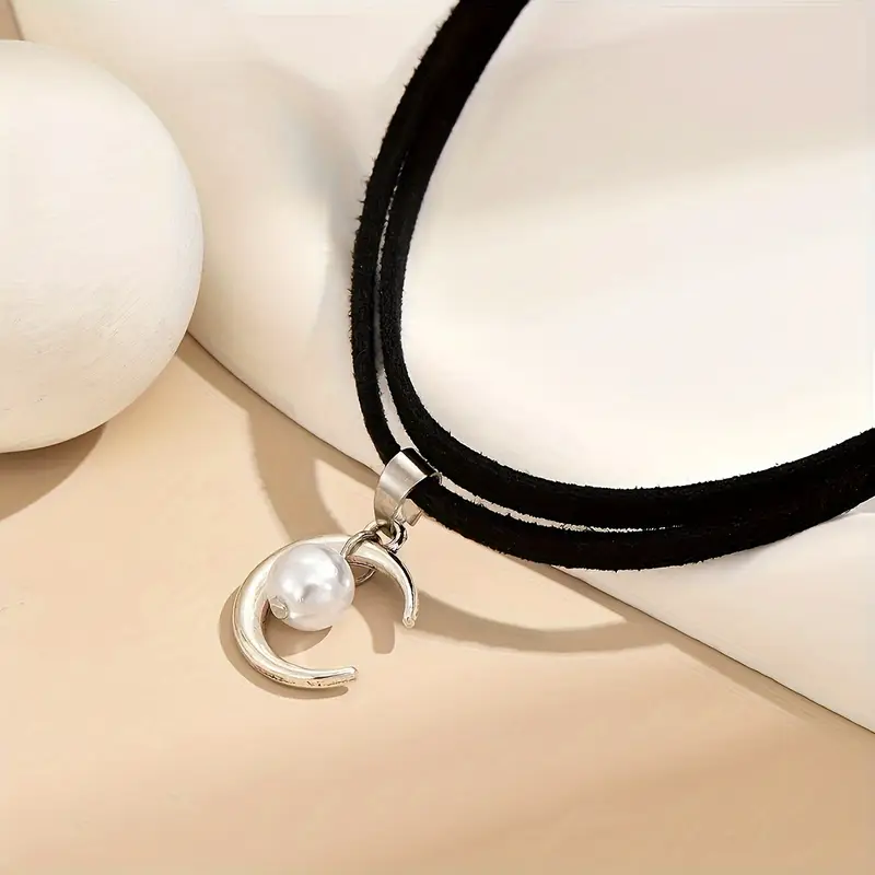 Elegant Black Rope Double Layer Choker with Moon Pendant
