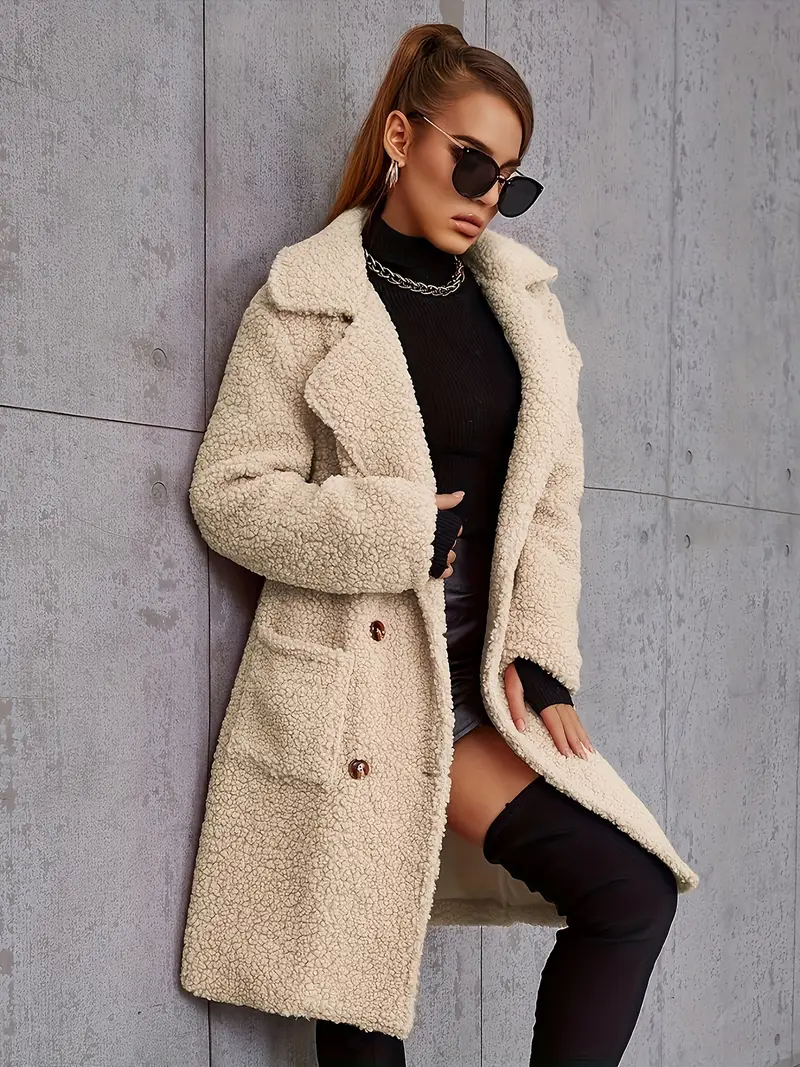 Women's Long Faux Fur Coat with Button Details - Soft & Fluffy