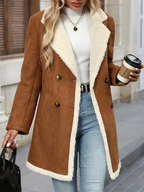 Women's Elegant Double-Breasted Long Coat - Brown & White Contrast