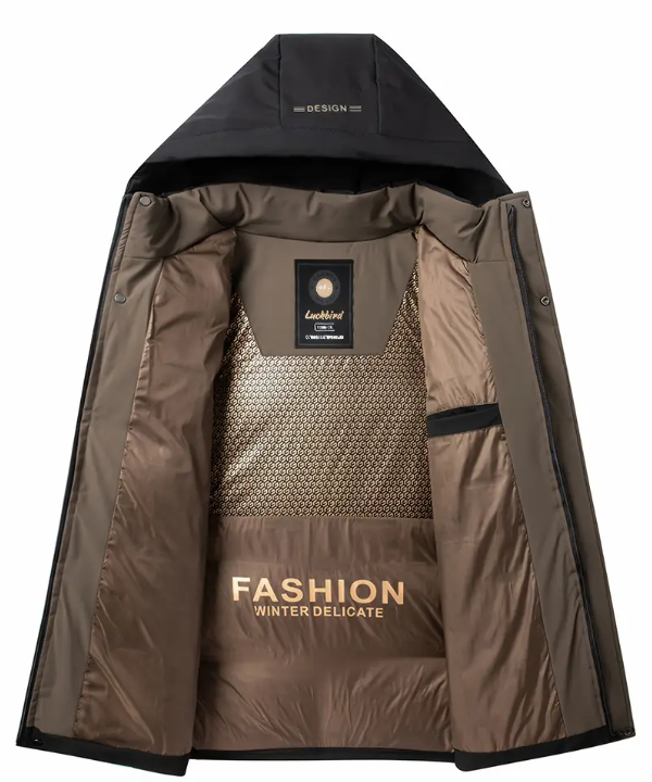 Men's Heavy-Duty Winter Jacket - Hooded Coat with Zippered Front in Beige/Brown Two-Tone