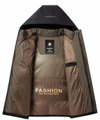 Men's Heavy-Duty Winter Jacket - Hooded Coat with Zippered Front in Beige/Brown Two-Tone