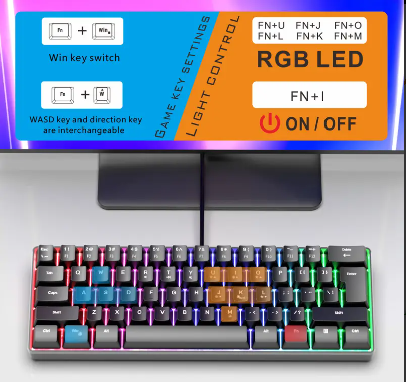 RGB žaidimų USB šviečianti klaviatūra - mini 60 % kompiuterio klaviatūra 61 klavišas