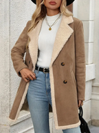 Women's Elegant Double-Breasted Long Coat - Brown & White Contrast