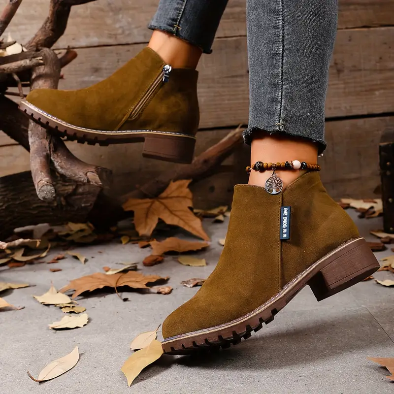 Women's Chunky Heel Ankle Boots - Retro British Style with Side Zipper