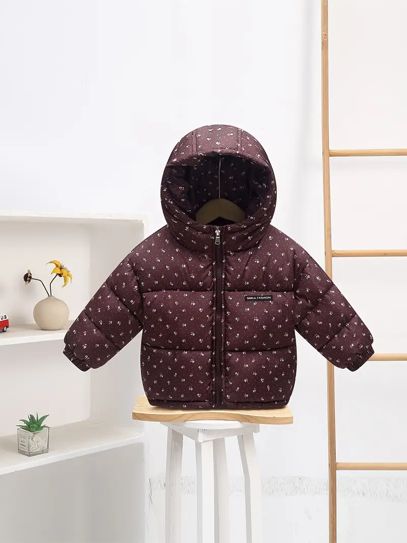 Girls' Winter Warm Hooded Jacket - Elegant Burgundy & White Floral Coat