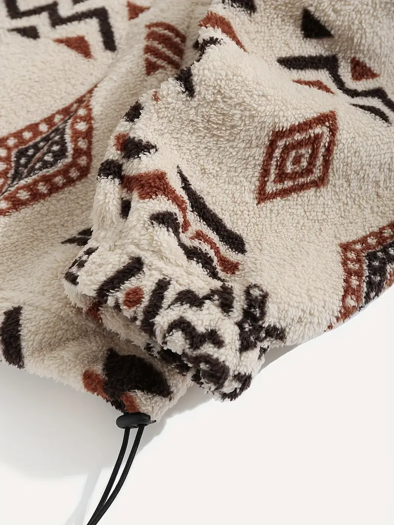 Aztec Pattern Fuzzy Jacket, Casual Zip Up Outwear For Winter & Fall
