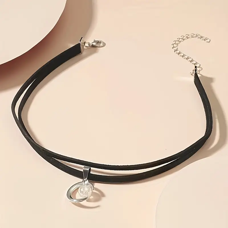 Elegant Black Rope Double Layer Choker with Moon Pendant