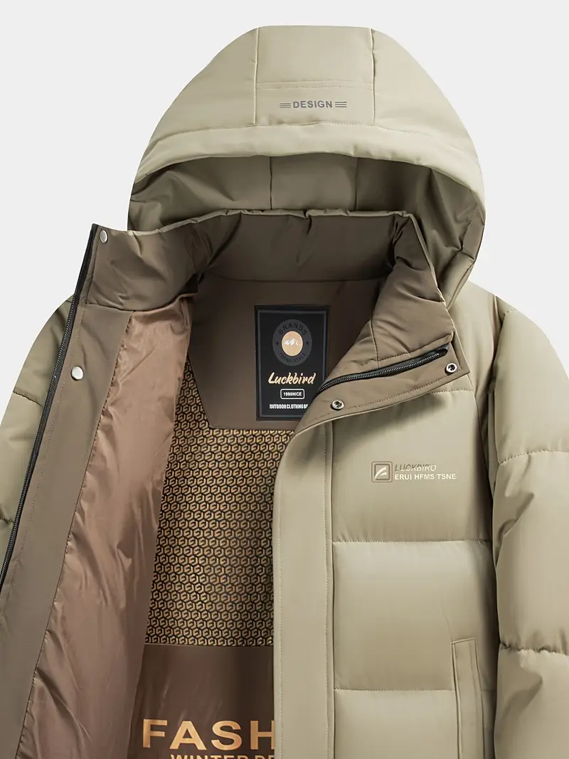 Men's Heavy-Duty Winter Jacket - Hooded Coat with Zippered Front in Beige/Brown Two-Tone