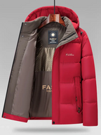 Men's Heavy-Duty Winter Jacket - Hooded Coat with Zippered Front in Beige/Brown Two-Tone