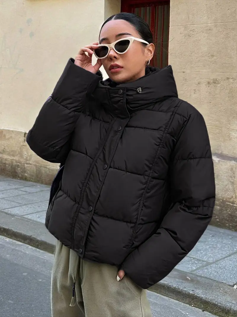 Women's Hooded Winter Jacket - Loose Fit Lined Coat with Front Pockets