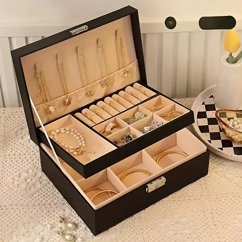 Luxury Faux Leather Jewelry Box - Large Capacity Organizer with Lock & Soft Drawers