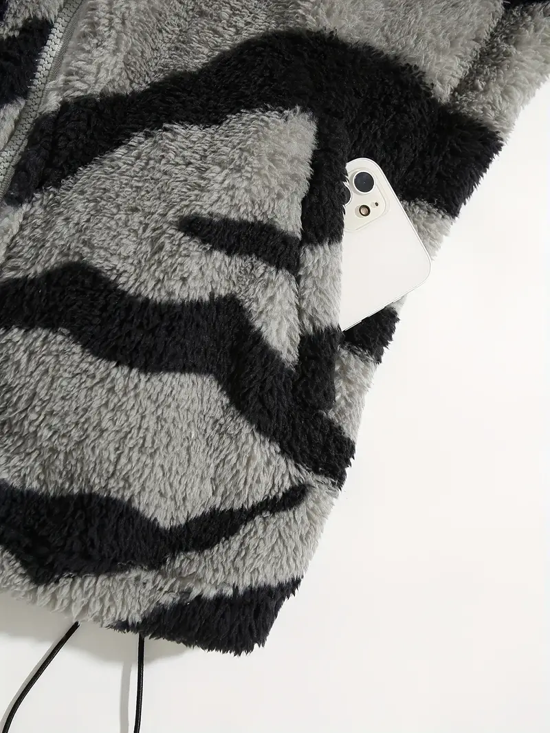 Aztec Pattern Fuzzy Jacket, Casual Zip Up Outwear For Winter & Fall