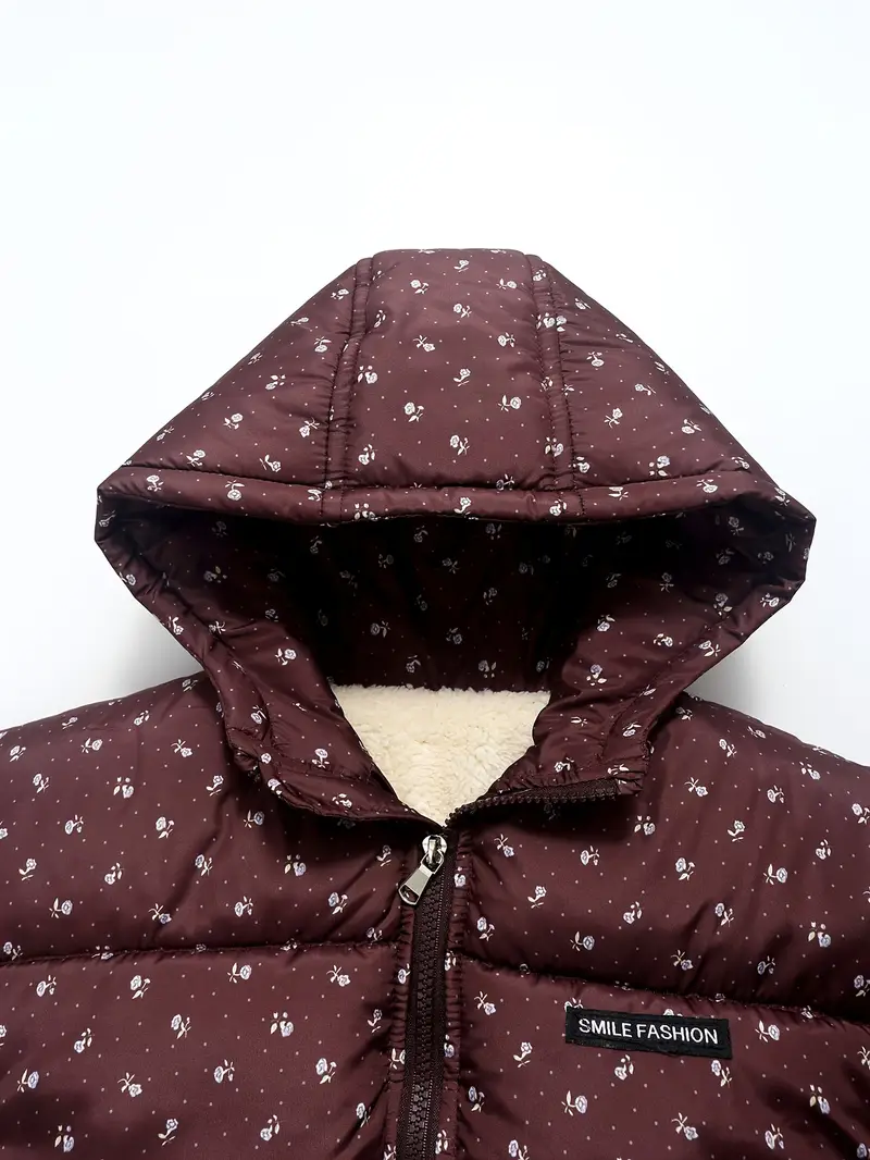 Girls' Winter Warm Hooded Jacket - Elegant Burgundy & White Floral Coat