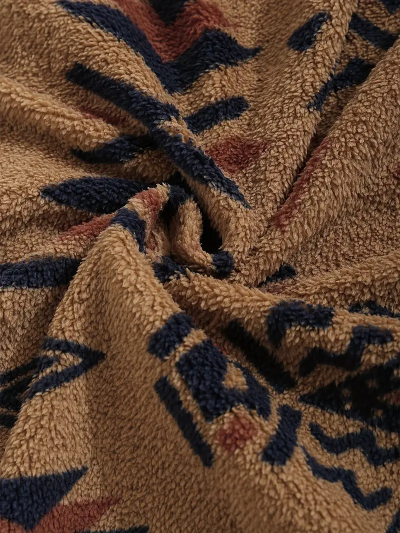 Aztec Pattern Fuzzy Jacket, Casual Zip Up Outwear For Winter & Fall