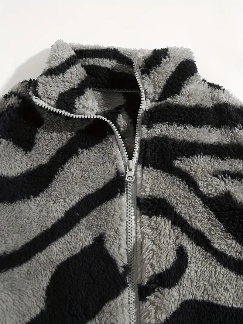 Aztec Pattern Fuzzy Jacket, Casual Zip Up Outwear For Winter & Fall