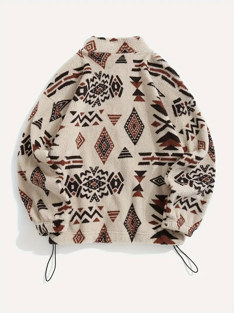 Aztec Pattern Fuzzy Jacket, Casual Zip Up Outwear For Winter & Fall