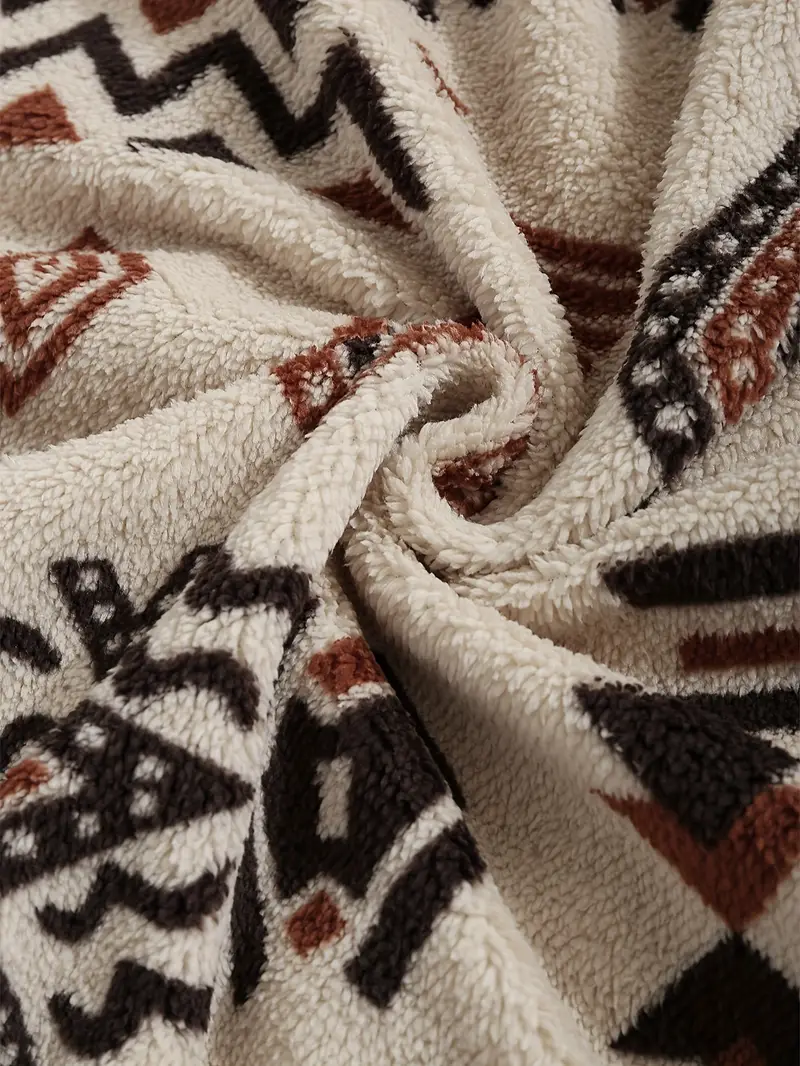 Aztec Pattern Fuzzy Jacket, Casual Zip Up Outwear For Winter & Fall