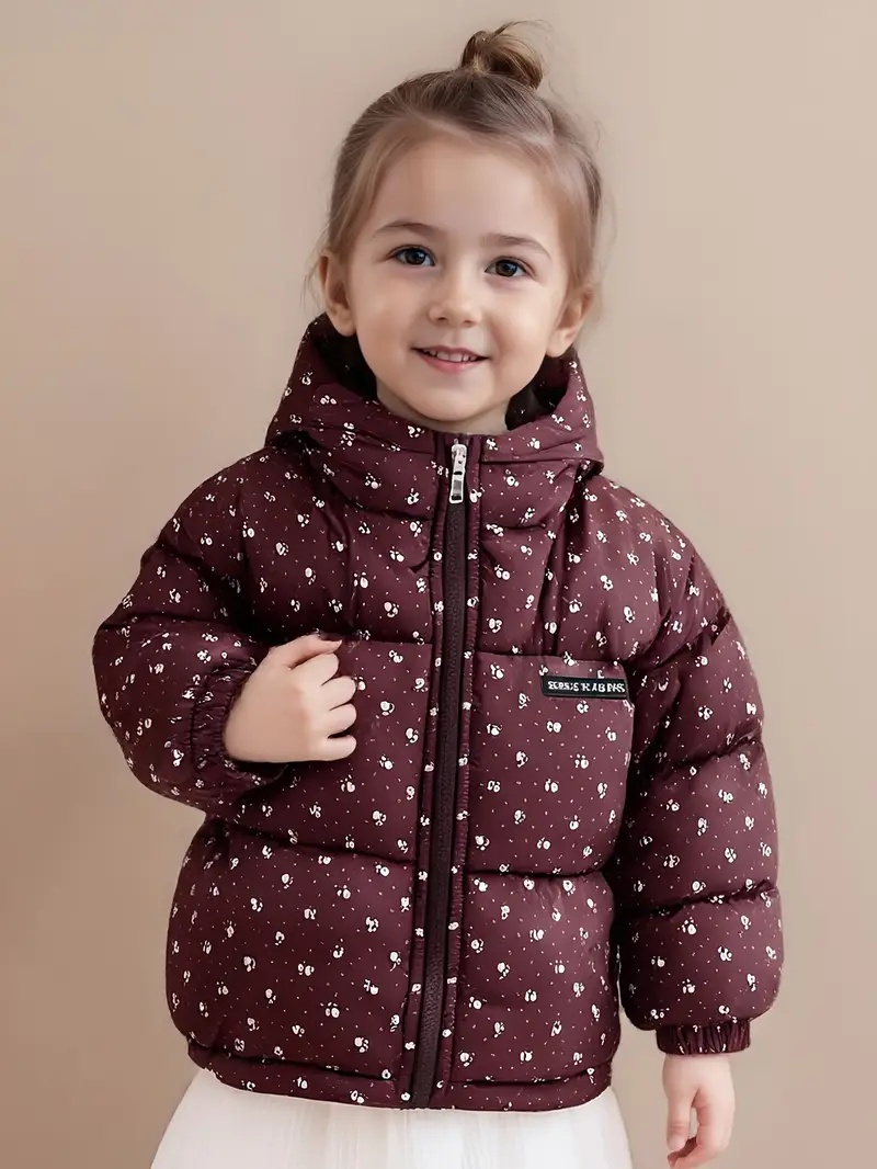 Girls' Winter Warm Hooded Jacket - Elegant Burgundy & White Floral Coat