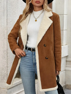 Women's Elegant Double-Breasted Long Coat - Brown & White Contrast