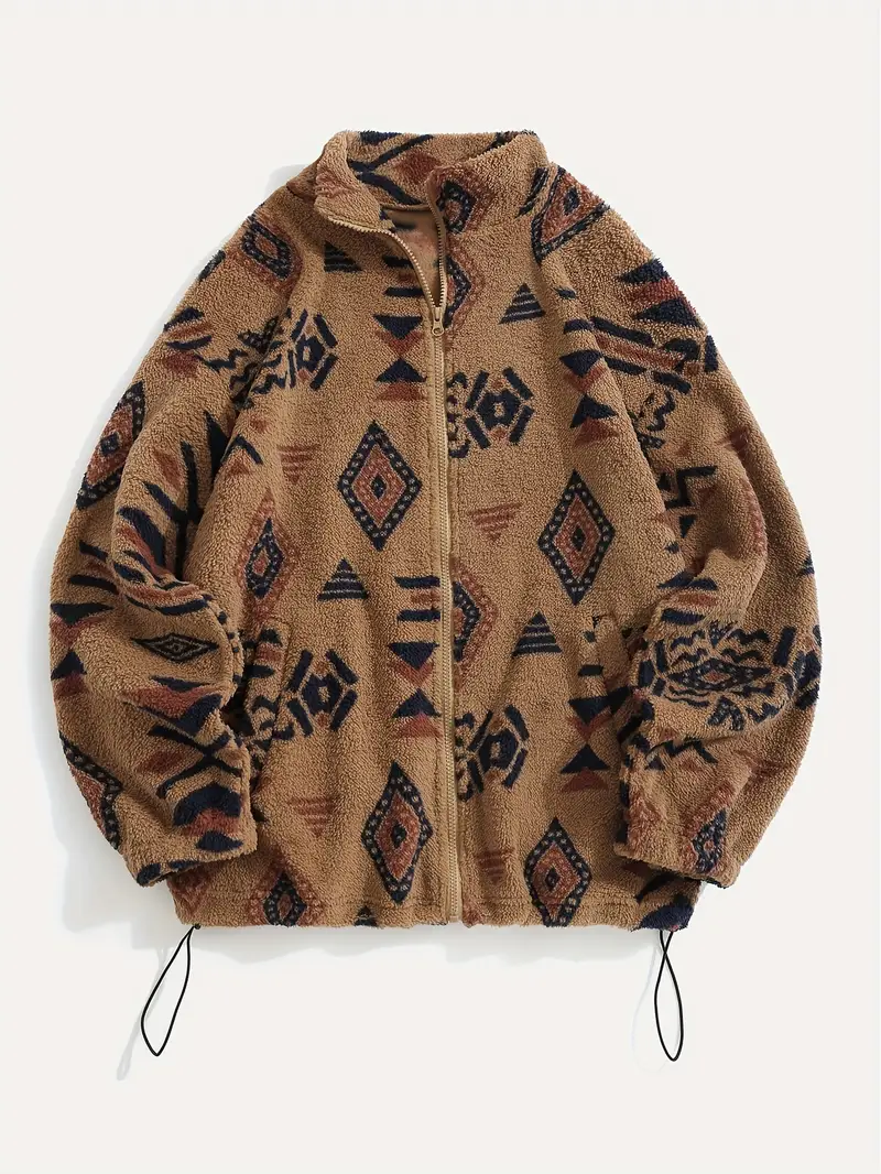 Aztec Pattern Fuzzy Jacket, Casual Zip Up Outwear For Winter & Fall