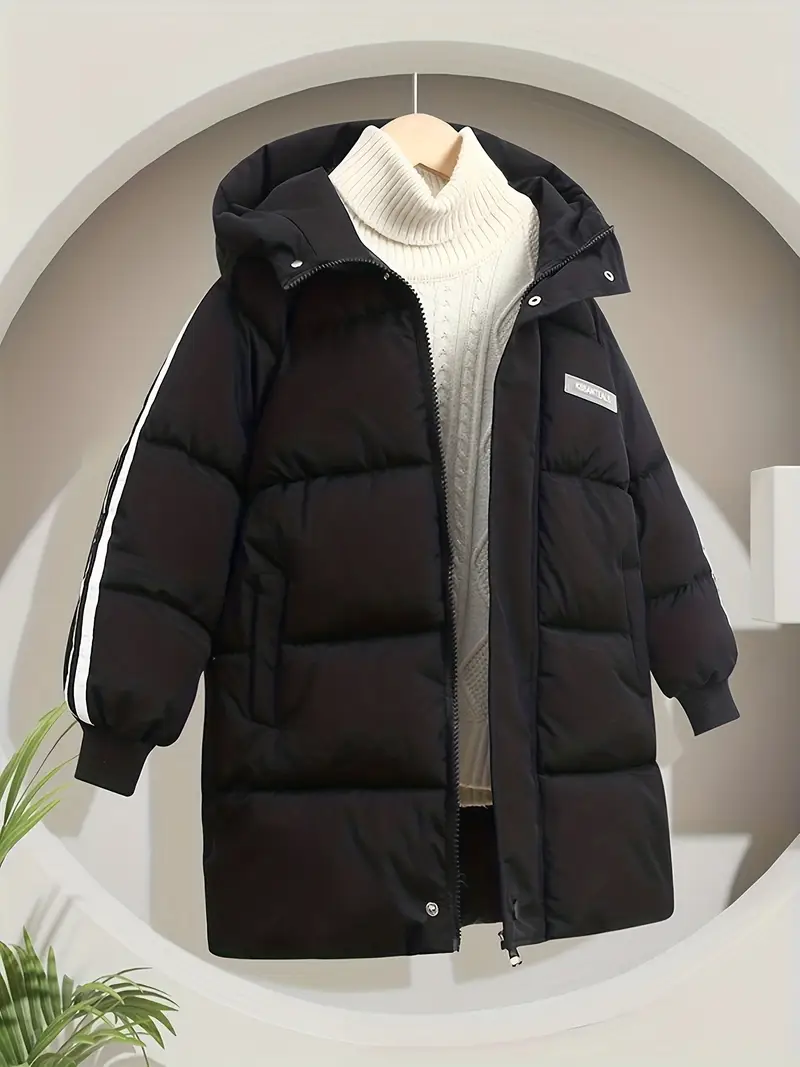 Fashionable Thickened Mid-Length Hooded Jacket for Kids Ages 3-14