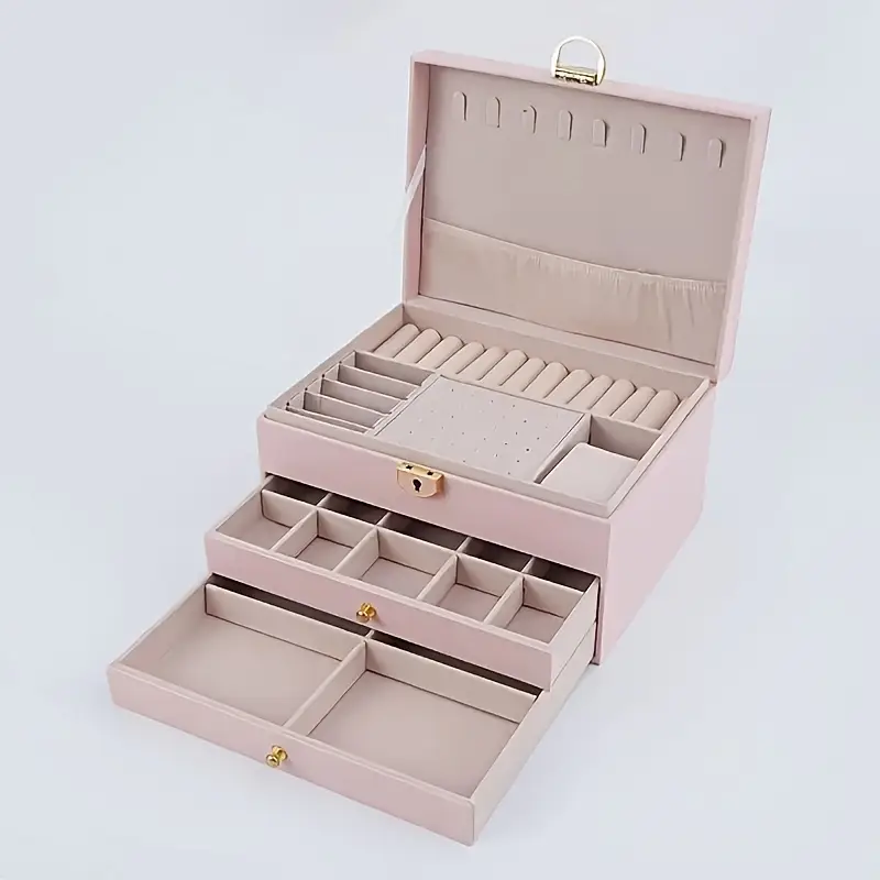Luxury Faux Leather Jewelry Box - Large Capacity Organizer with Lock & Soft Drawers
