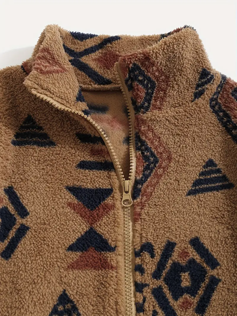 Aztec Pattern Fuzzy Jacket, Casual Zip Up Outwear For Winter & Fall