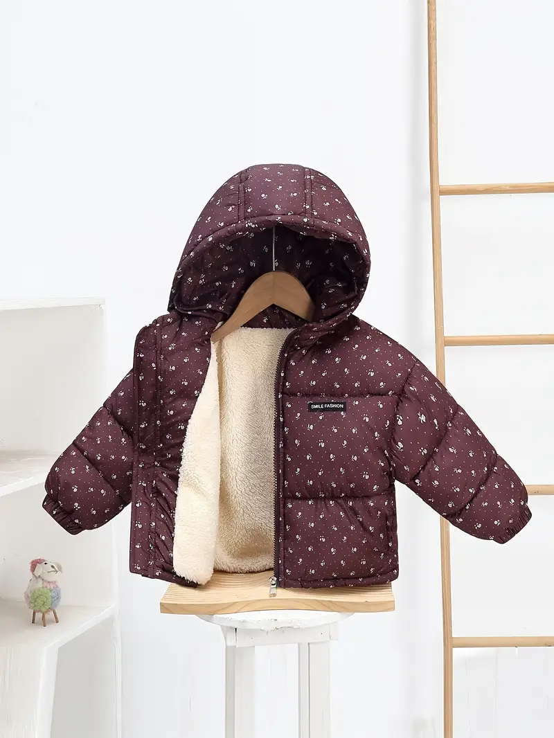 Girls' Winter Warm Hooded Jacket - Elegant Burgundy & White Floral Coat