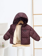 Girls' Winter Warm Hooded Jacket - Elegant Burgundy & White Floral Coat
