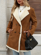 Women's Elegant Double-Breasted Long Coat - Brown & White Contrast