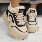 Women's Winter Chunky Platform Snow Boots - Shiny Black with Beige Plush Lining