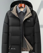 Men's Heavy-Duty Winter Jacket - Hooded Coat with Zippered Front in Beige/Brown Two-Tone