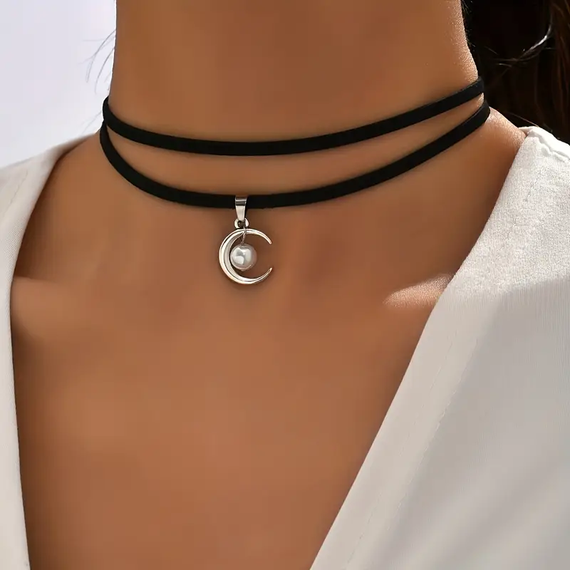 Elegant Black Rope Double Layer Choker with Moon Pendant
