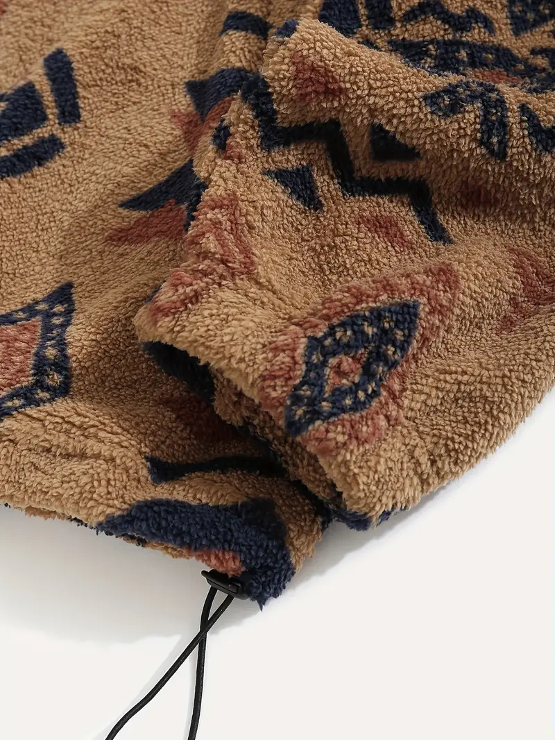 Aztec Pattern Fuzzy Jacket, Casual Zip Up Outwear For Winter & Fall