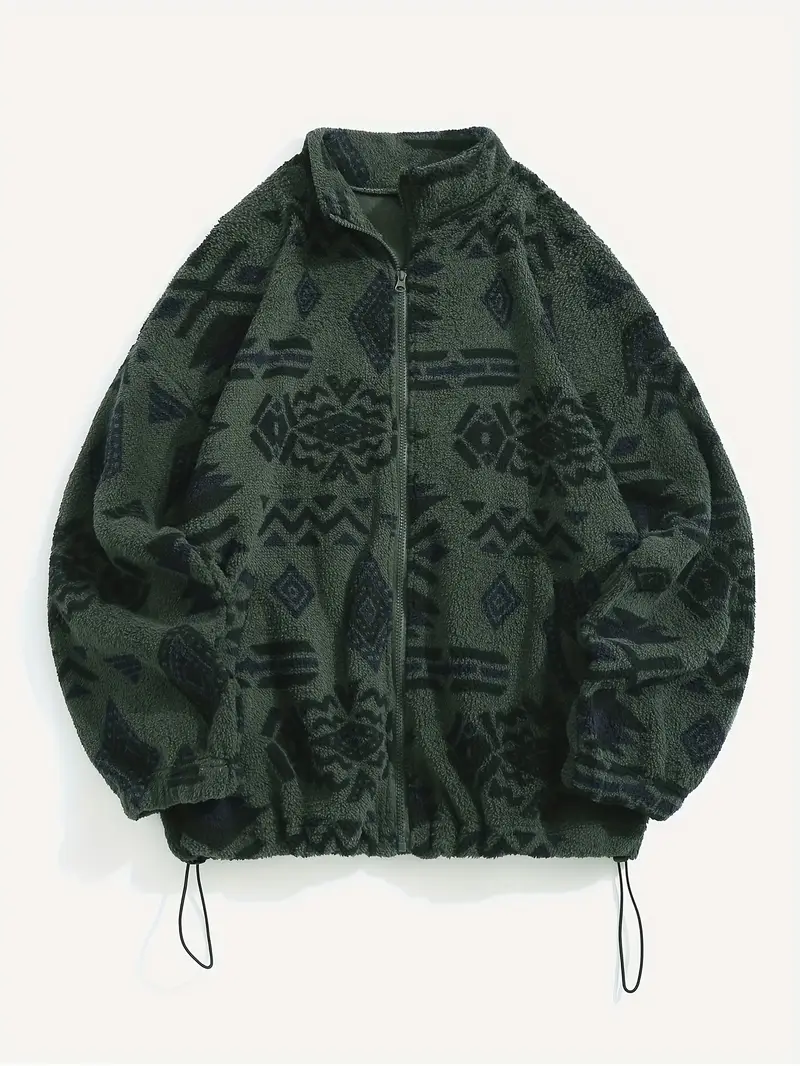 Aztec Pattern Fuzzy Jacket, Casual Zip Up Outwear For Winter & Fall