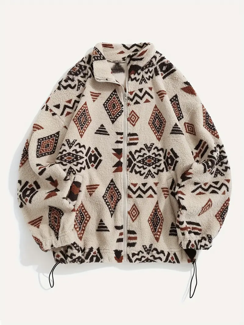 Aztec Pattern Fuzzy Jacket, Casual Zip Up Outwear For Winter & Fall