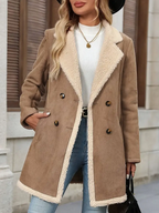 Women's Elegant Double-Breasted Long Coat - Brown & White Contrast