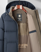 Men's Heavy-Duty Winter Jacket - Hooded Coat with Zippered Front in Beige/Brown Two-Tone