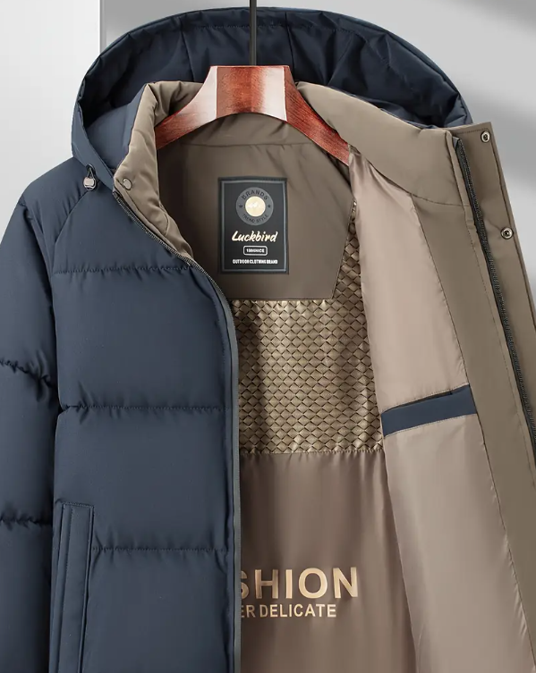 Men's Heavy-Duty Winter Jacket - Hooded Coat with Zippered Front in Beige/Brown Two-Tone