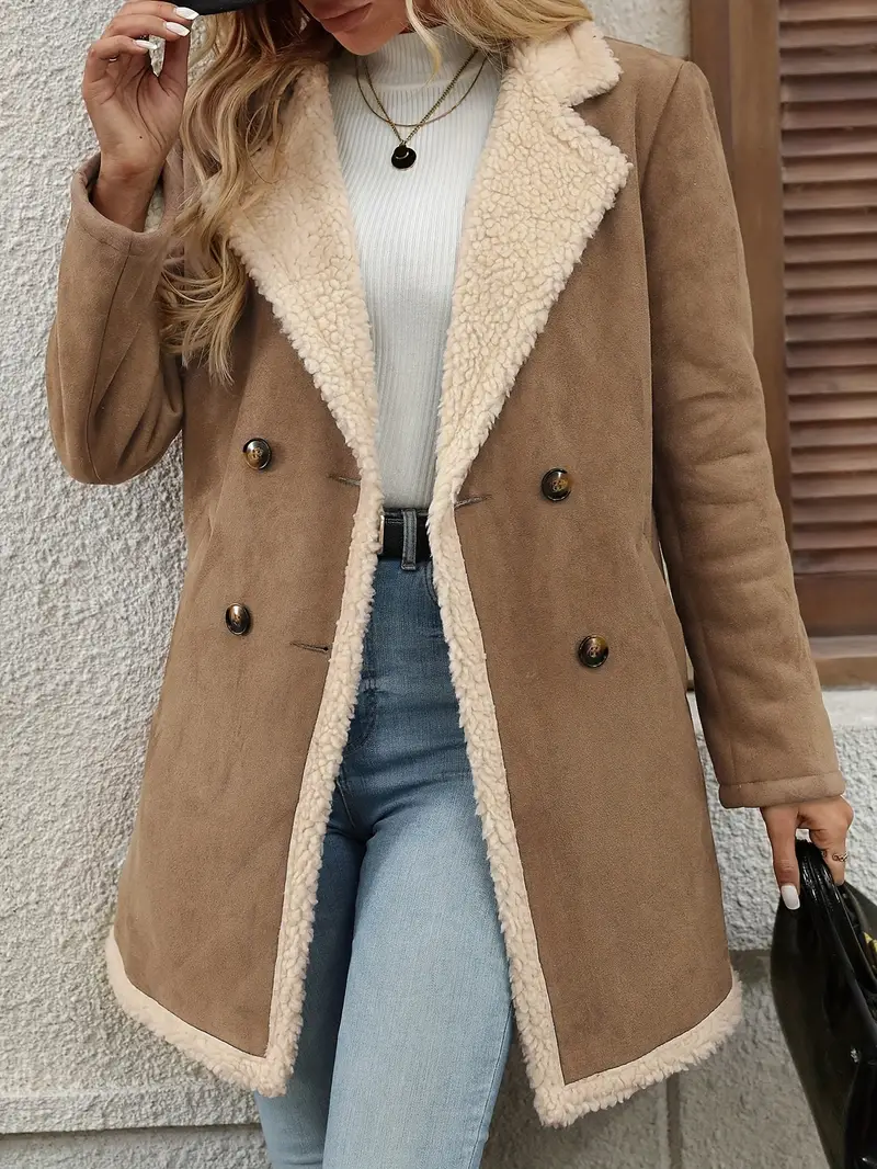 Women's Elegant Double-Breasted Long Coat - Brown & White Contrast