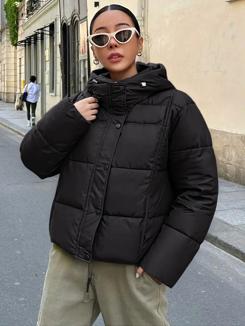 Women's Hooded Winter Jacket - Loose Fit Lined Coat with Front Pockets