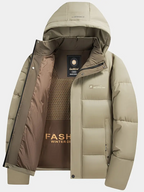 Men's Heavy-Duty Winter Jacket - Hooded Coat with Zippered Front in Beige/Brown Two-Tone