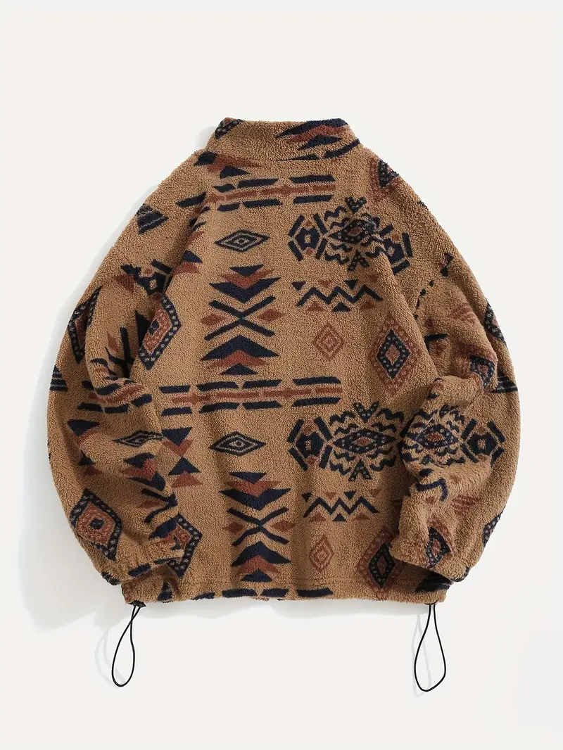 Aztec Pattern Fuzzy Jacket, Casual Zip Up Outwear For Winter & Fall