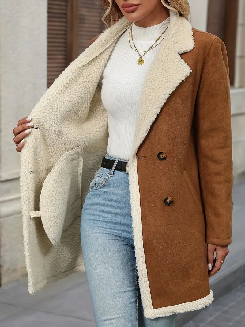 Women's Elegant Double-Breasted Long Coat - Brown & White Contrast