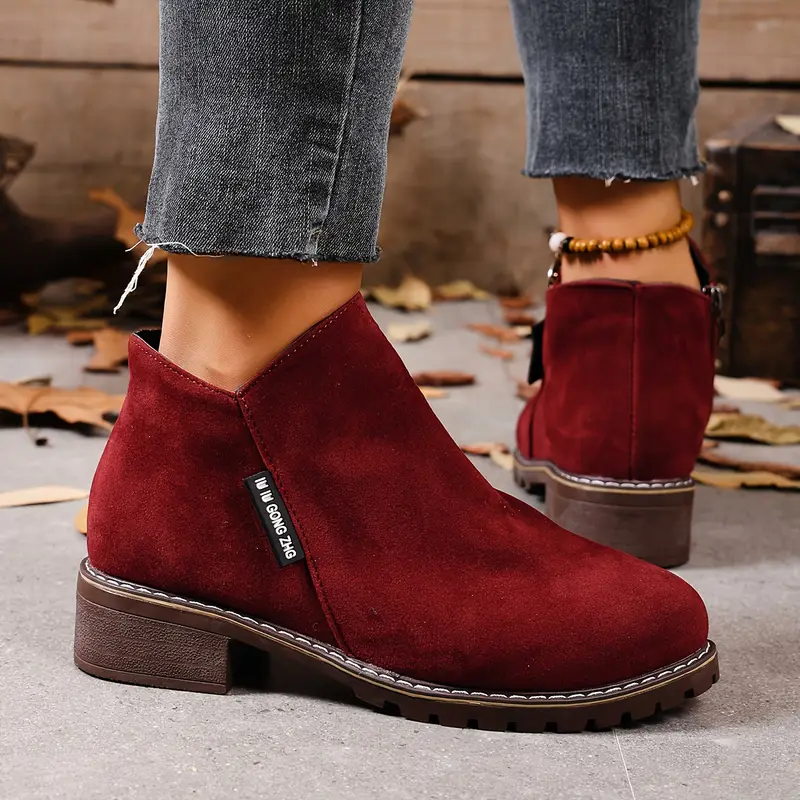 Women's Chunky Heel Ankle Boots - Retro British Style with Side Zipper